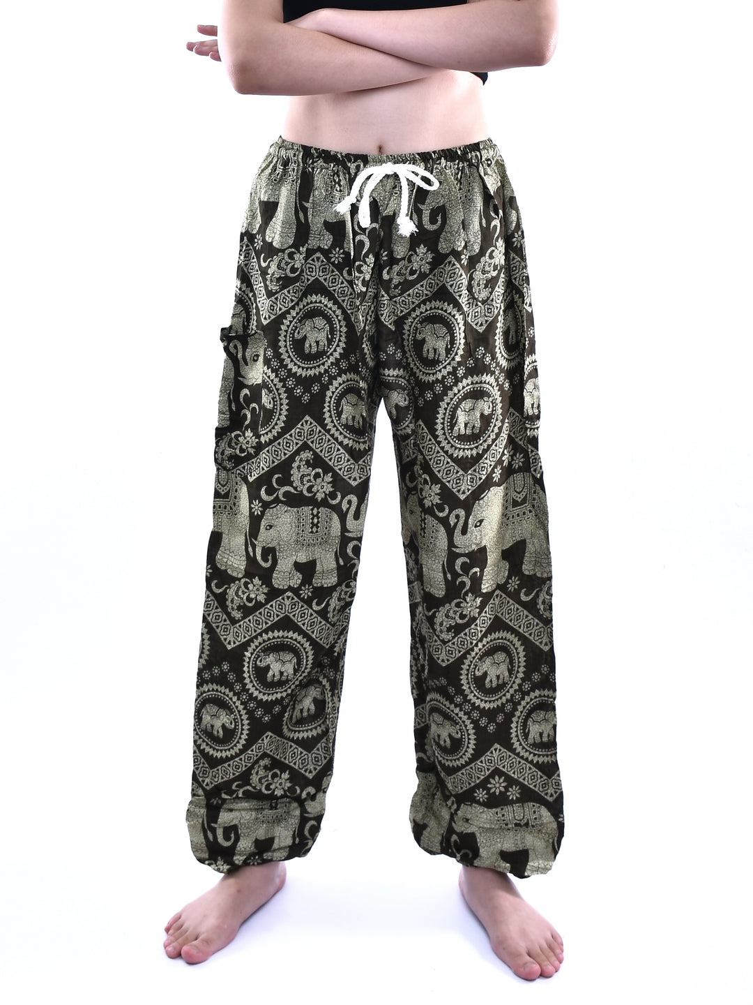 Bohotusk Olive Green Elephant Tusker Print Womens Harem Pants Tie Waist S/M to L/XL