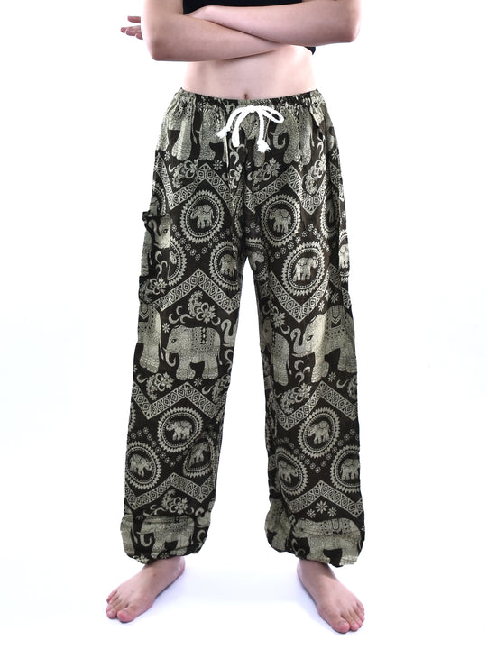 Bohotusk Olive Green Elephant Tusker Print Womens Harem Pants Tie Waist S/M to L/XL