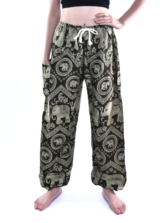 Bohotusk Olive Green Elephant Tusker Print Womens Harem Pants Tie Waist S/M to L/XL