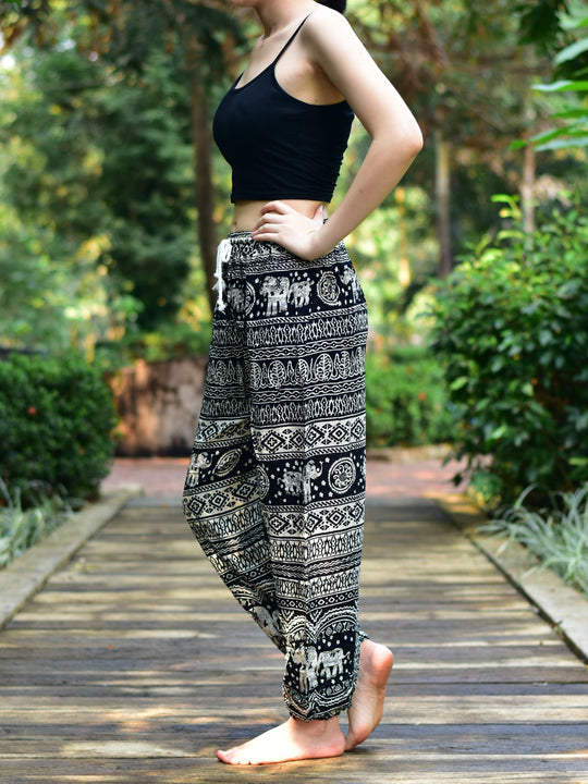 Bohotusk Black Elephant Calf Print Womens Harem Pants Tie Waist S/M to 3XL