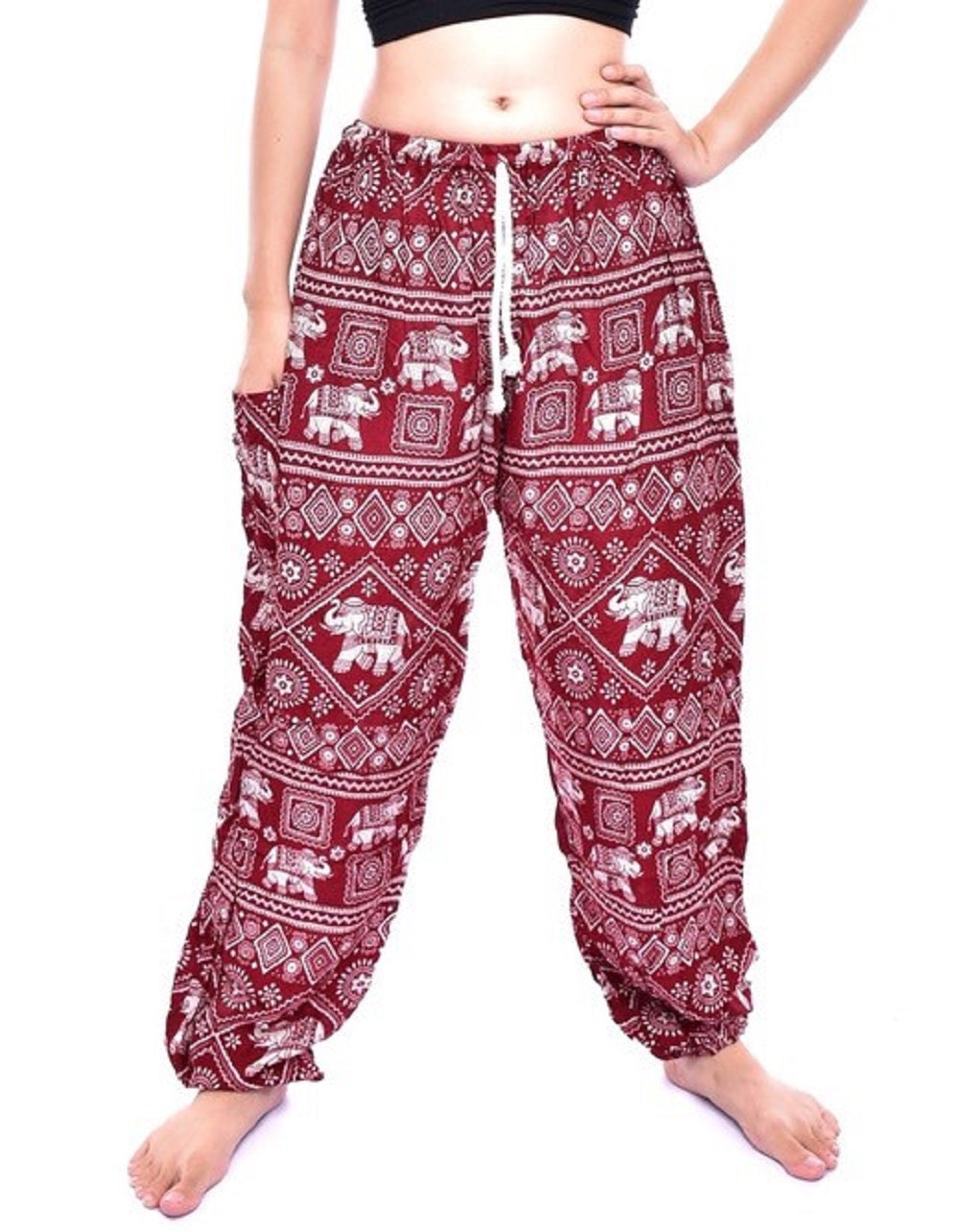 Bohotusk Red Elephant Print Womens Harem Pants Tie Waist S/M Only