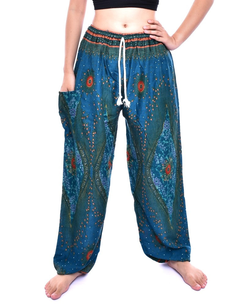 Bohotusk Teal Moonshine Print Womens Harem Pants Tie Waist S/M to 3XL