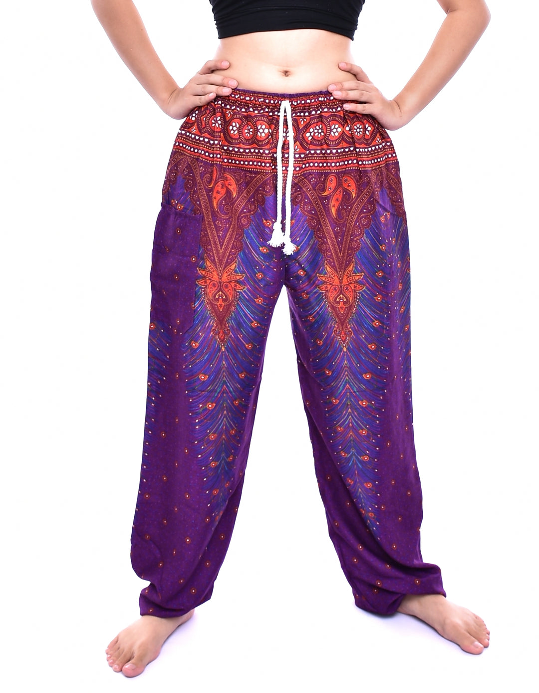 Bohotusk Purple Peacock Print Womens Harem Pants Tie Waist S/M