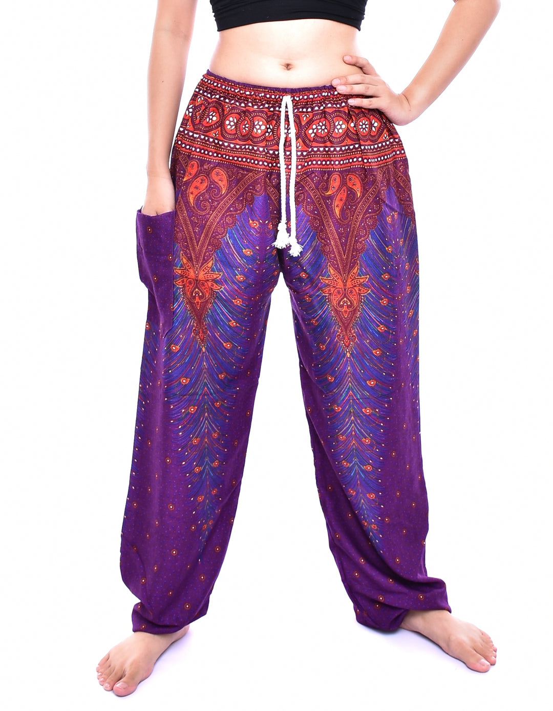 Bohotusk Purple Peacock Print Womens Harem Pants Tie Waist S/M