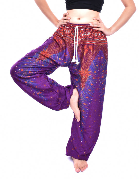 Bohotusk Purple Peacock Print Womens Harem Pants Tie Waist S/M