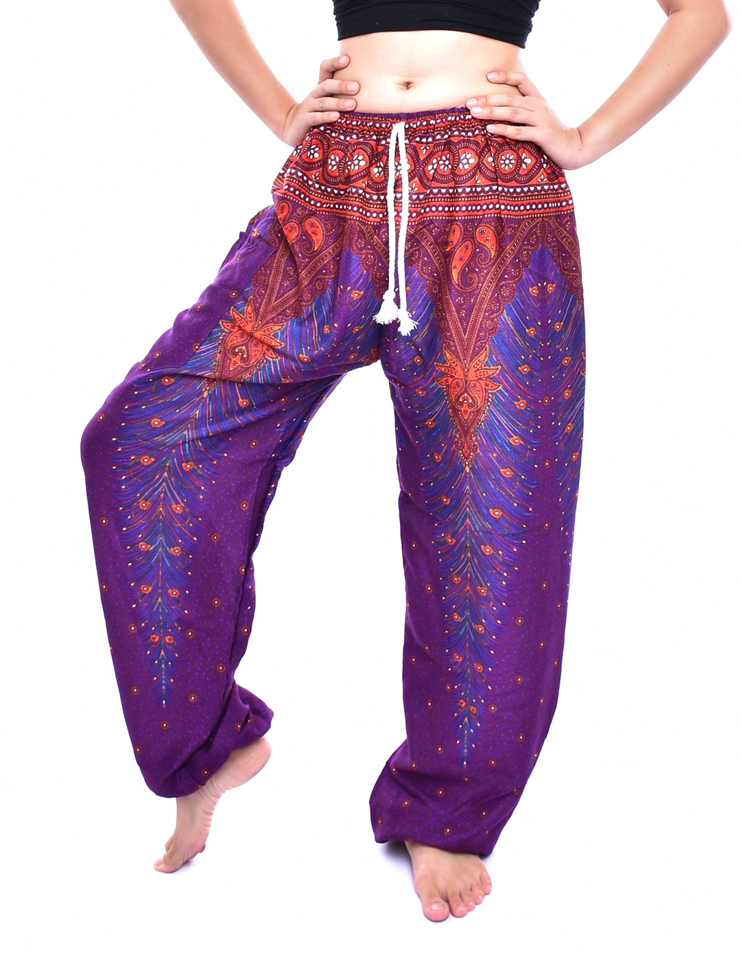 Bohotusk Purple Peacock Print Womens Harem Pants Tie Waist S/M