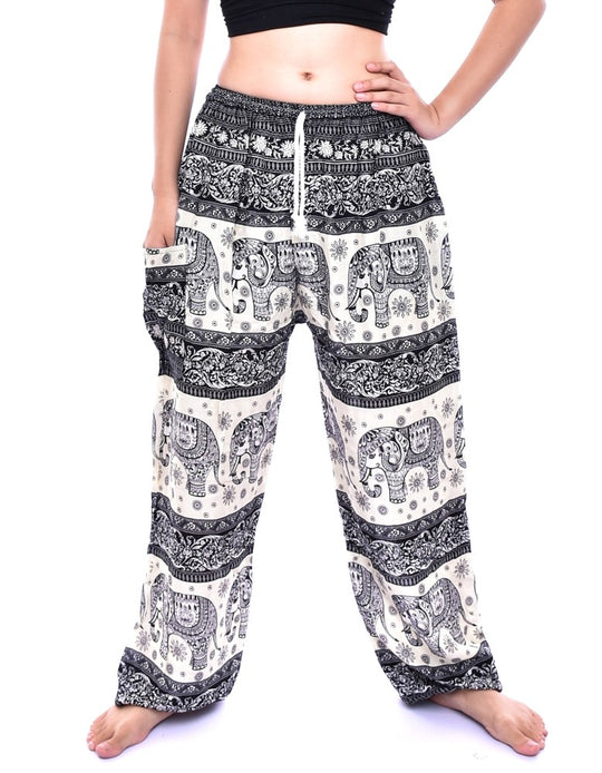 Bohotusk Black Elephant Herd Print Womens Harem Pants Cord Tie Waist S/M Only