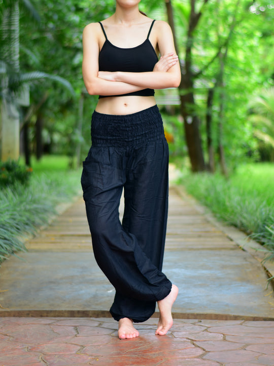 Bohotusk Black Plain Elasticated Smocked Waist Womens Harem Pants S/M to 4XL