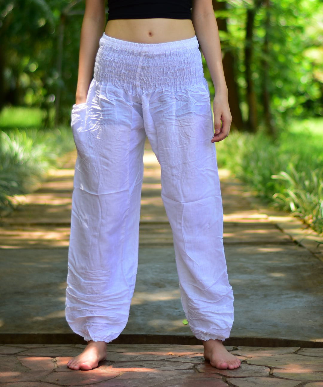 Bohotusk White Plain Elasticated Smocked Waist Womens Harem Pants S/M to 3XL