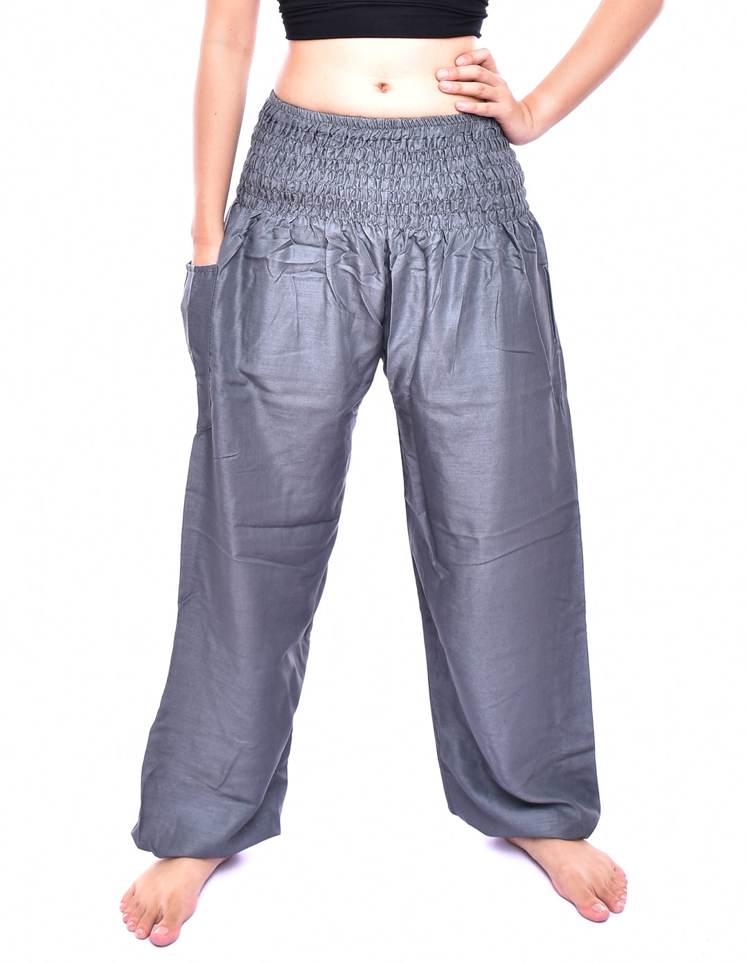 Bohotusk Steel Grey Plain Elasticated Smocked Waist Womens Harem Pants S/M to 3XL