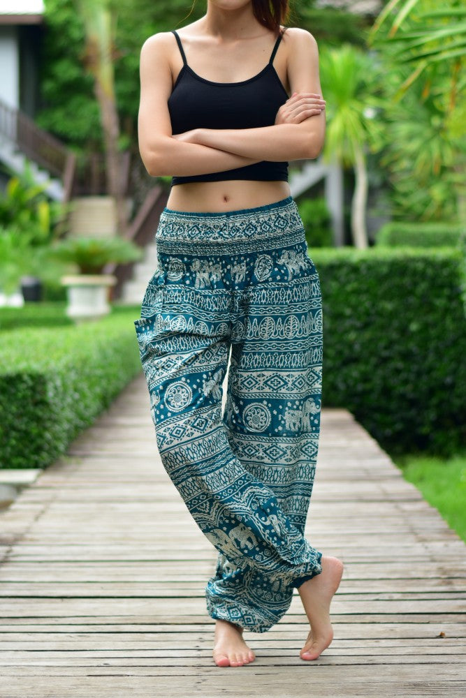 Bohotusk Green Elephant Calf Print Elasticated Smocked Waist Womens Harem Pants S/M to 4XL
