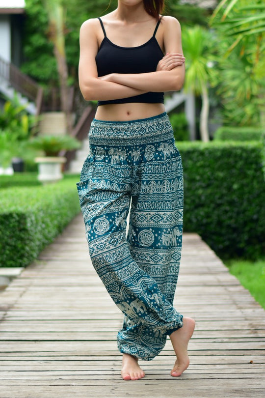 Bohotusk Green Elephant Calf Print Elasticated Smocked Waist Womens Harem Pants S/M to 4XL