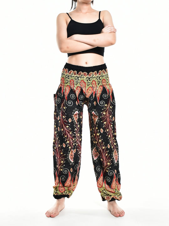 Bohotusk Black Peacocks Eye Elasticated Smocked Waist Womens Harem Pants S/M - 3XL