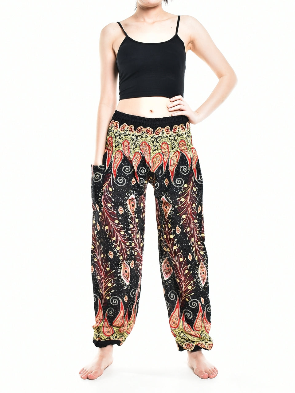 Bohotusk Black Peacocks Eye Elasticated Smocked Waist Womens Harem Pants S/M - 3XL