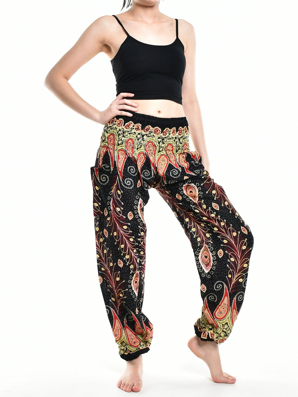 Bohotusk Black Peacocks Eye Elasticated Smocked Waist Womens Harem Pants S/M - 3XL