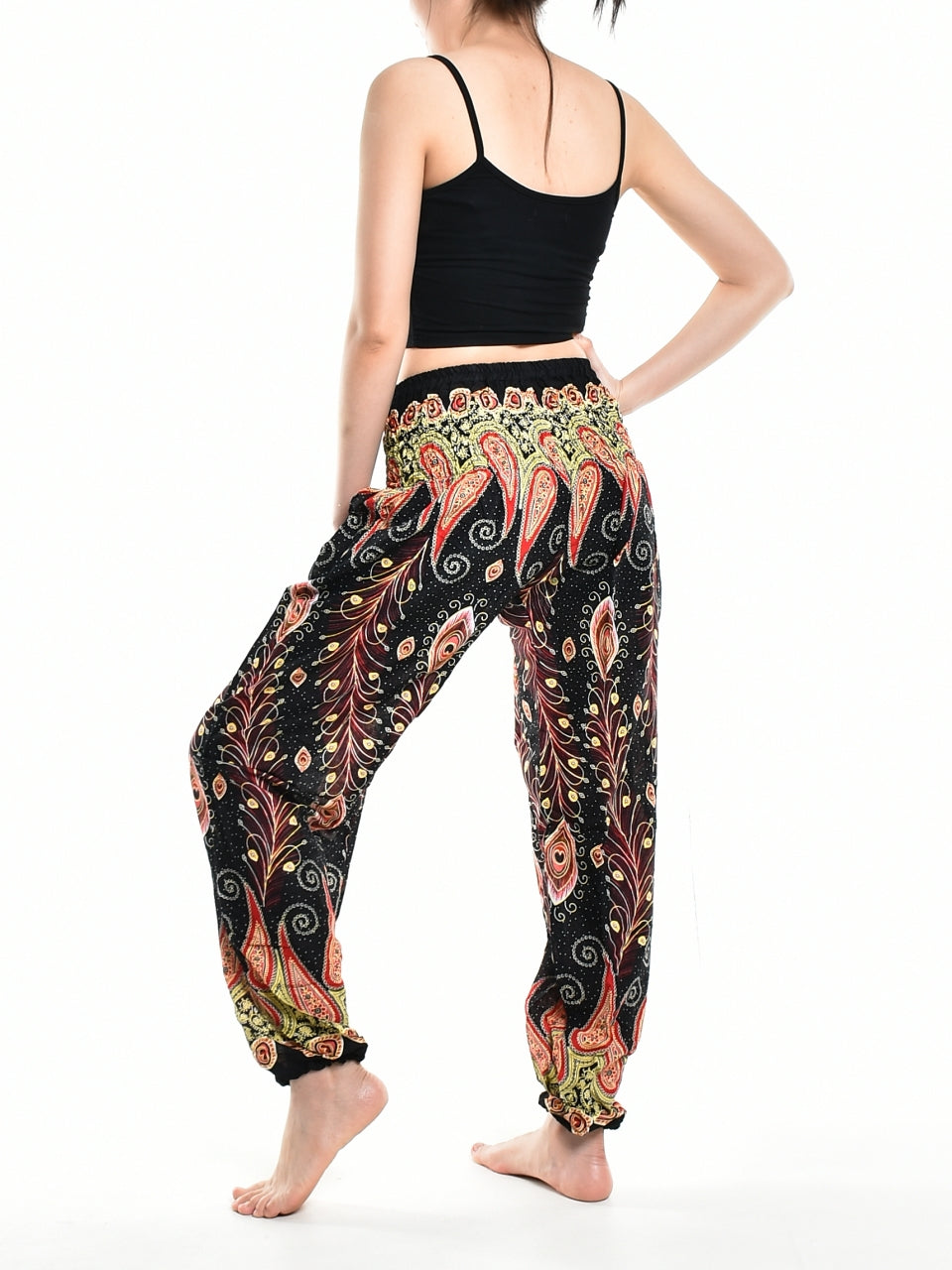 Bohotusk Black Peacocks Eye Elasticated Smocked Waist Womens Harem Pants S/M - 3XL