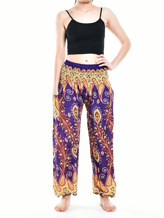 Bohotusk Purple Peacocks Eye Elasticated Smocked Waist Womens Harem Pants S/M Only