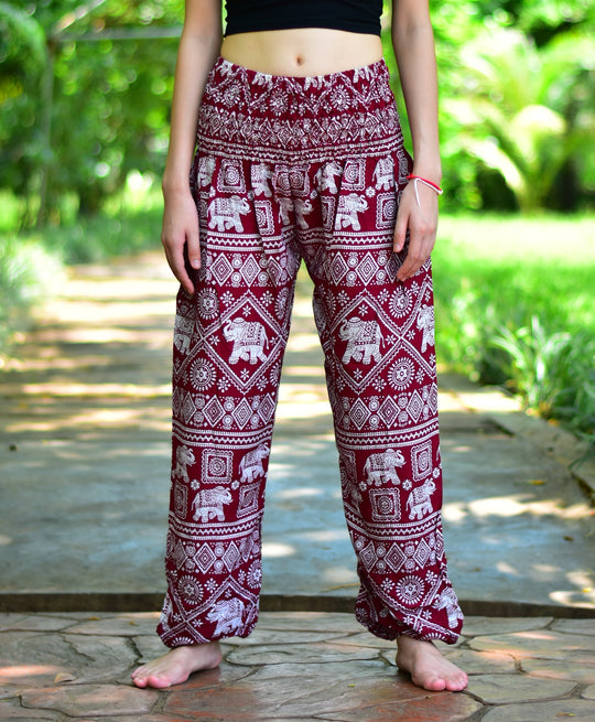 Bohotusk Red Elephant Print Harem Pants Elasticated Smocked Waist S/M to 3XL