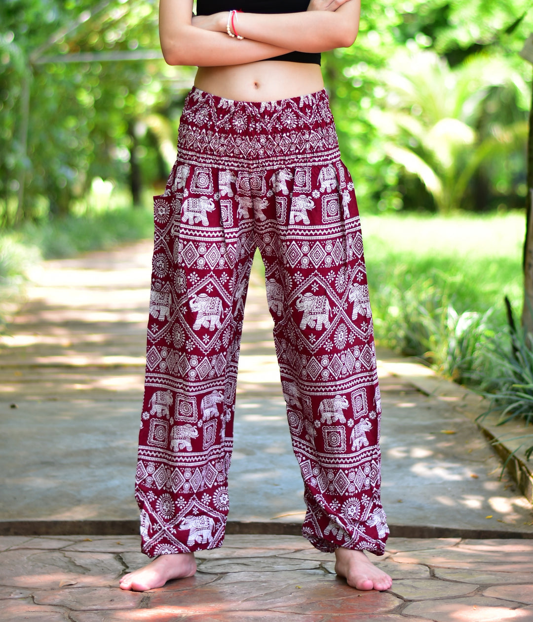 Bohotusk Red Elephant Print Harem Pants Elasticated Smocked Waist S/M to 3XL