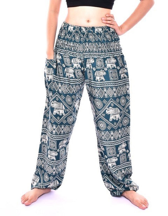 Bohotusk Kids Green Elephant Print Elasticated Smocked Waist Harem Pants (6 - 8 Years)