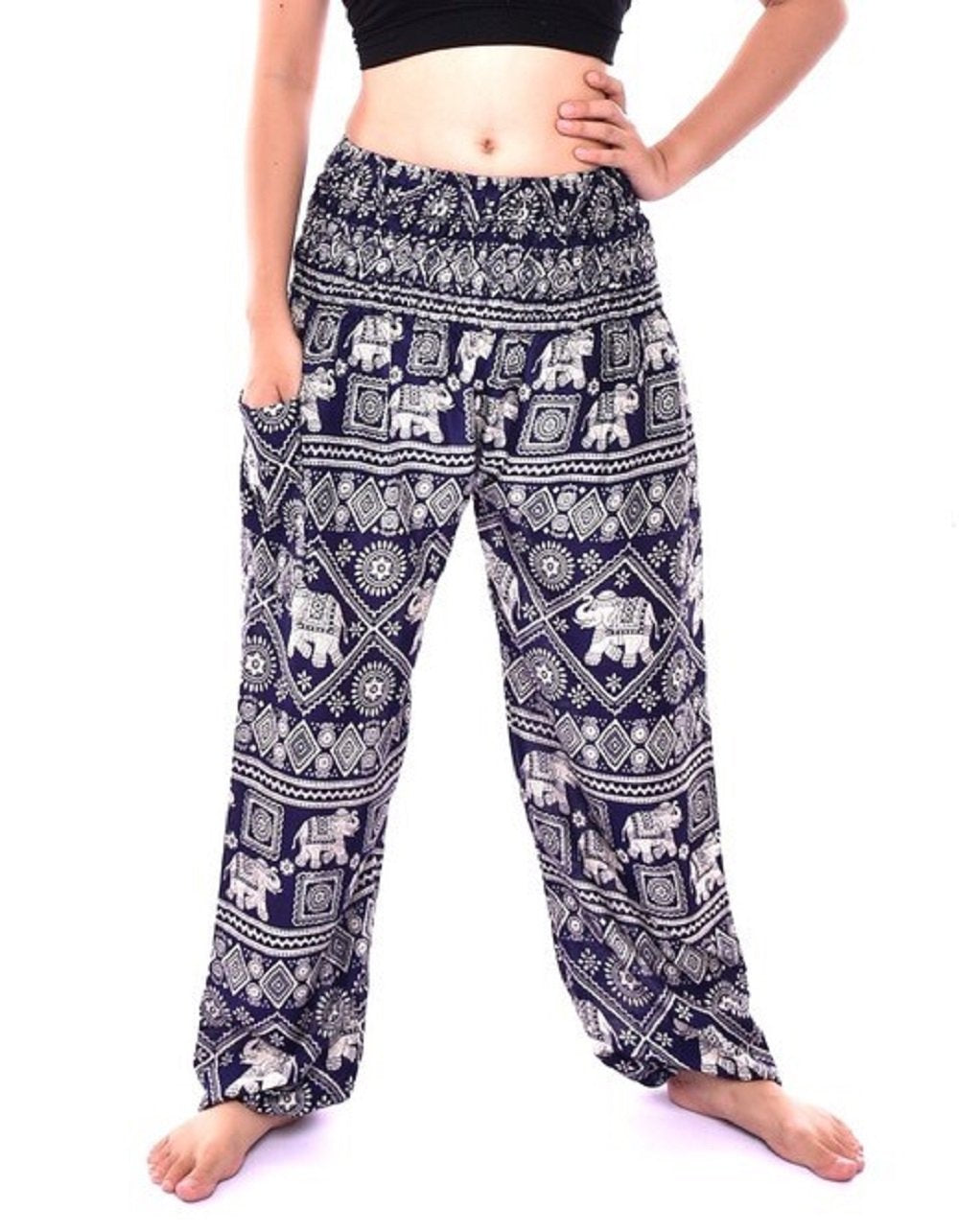 Bohotusk Navy Blue Elephant Print Elasticated Smocked Waist Womens Harem Pants S/M to 3XL