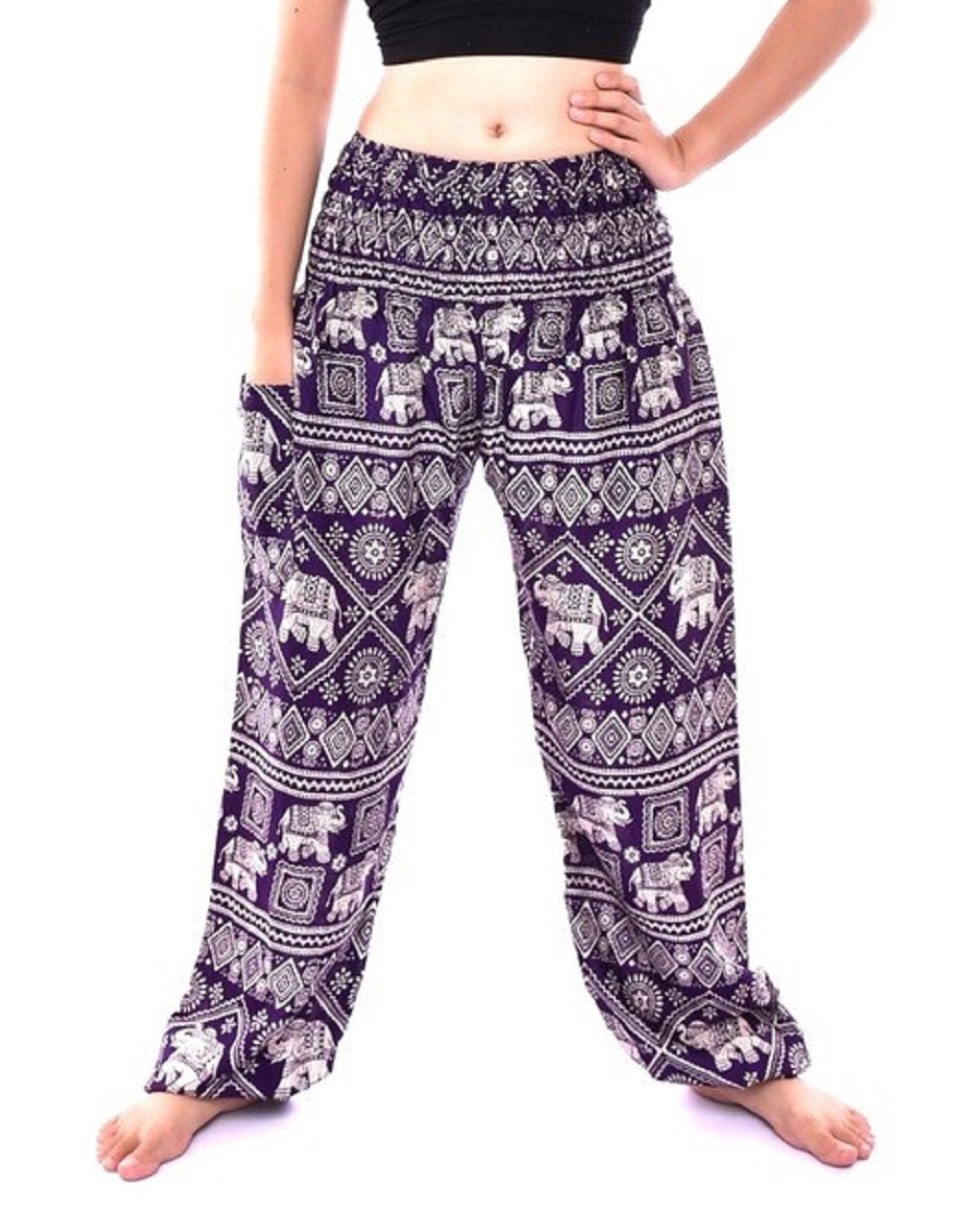 Bohotusk Purple Elephant Print Elasticated Smocked Waist Womens Harem Pants S/M to 3XL