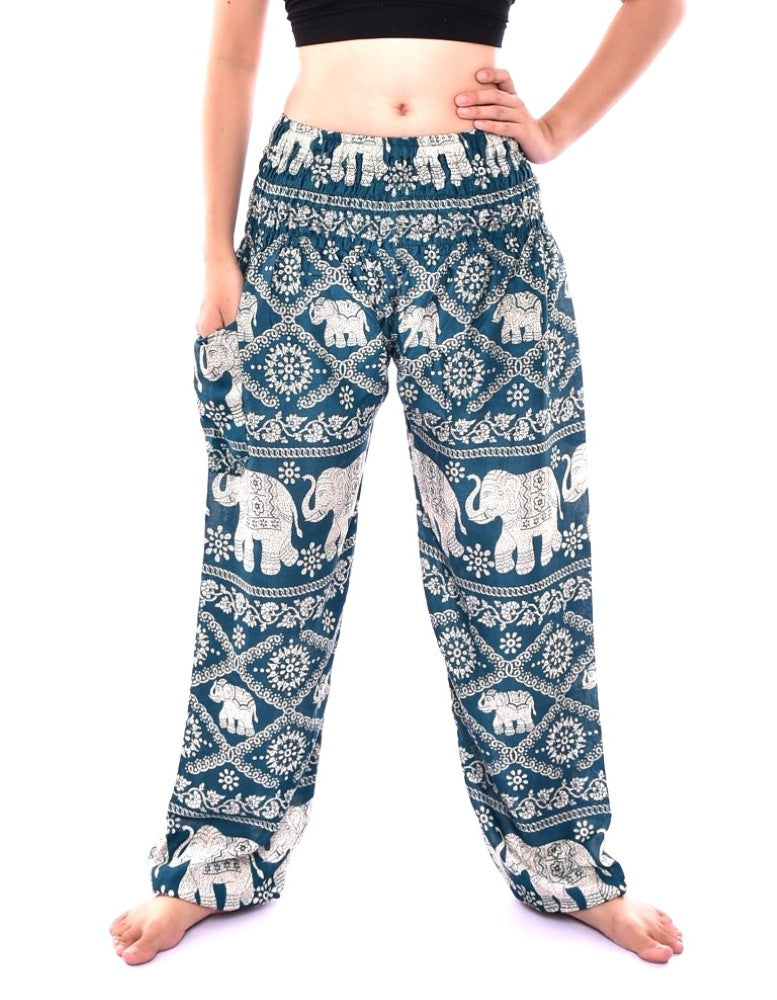 Bohotusk Kids Green Elephant Plain Print Elasticated Smocked Waist Harem Pants (9 - 12 Years)