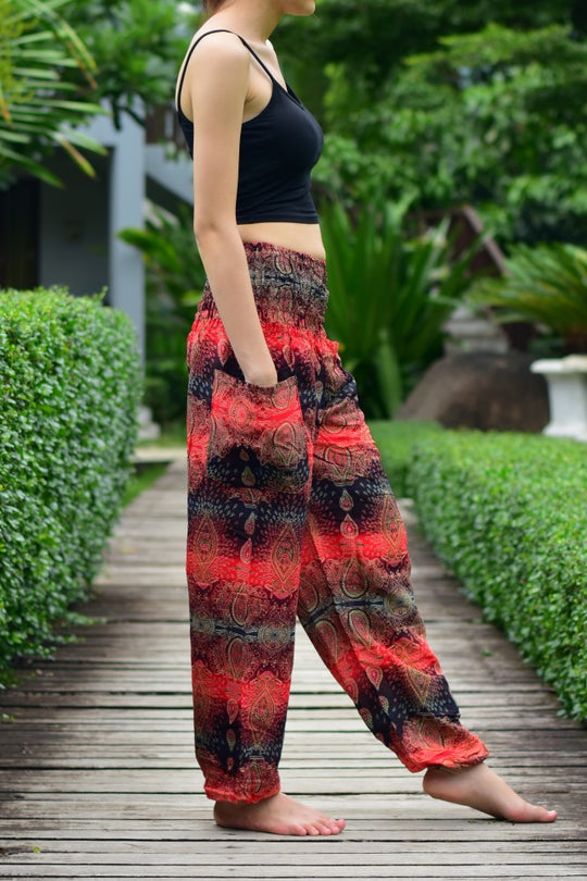 Bohotusk Red Teardrop Print Elasticated Smocked Waist Womens Harem Pants S/M to LXL