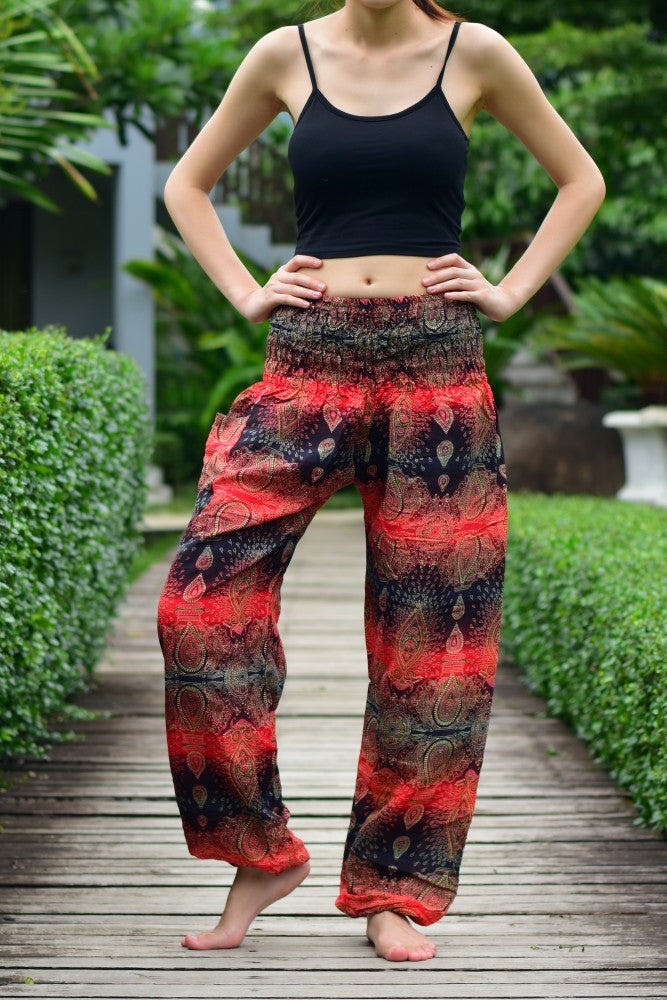 Bohotusk Red Teardrop Print Elasticated Smocked Waist Womens Harem Pants S/M to LXL