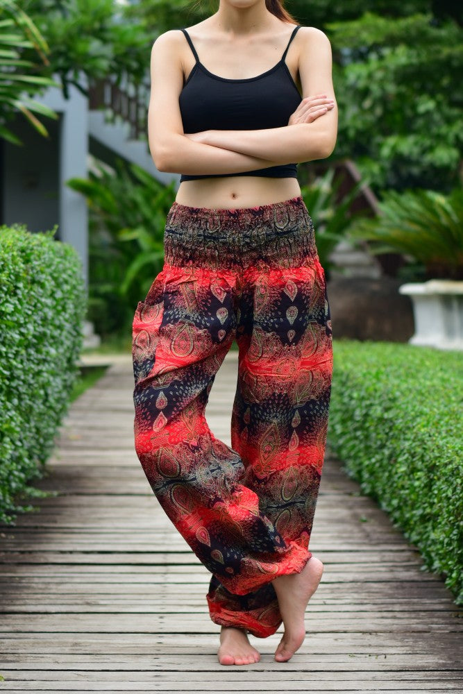 Bohotusk Red Teardrop Print Elasticated Smocked Waist Womens Harem Pants S/M to LXL