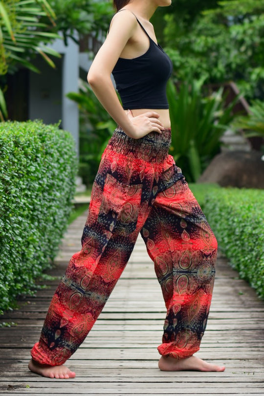 Bohotusk Red Teardrop Print Elasticated Smocked Waist Womens Harem Pants S/M to LXL