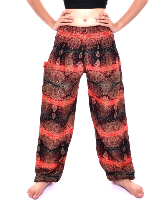 Bohotusk Red Teardrop Print Elasticated Smocked Waist Womens Harem Pants S/M to LXL