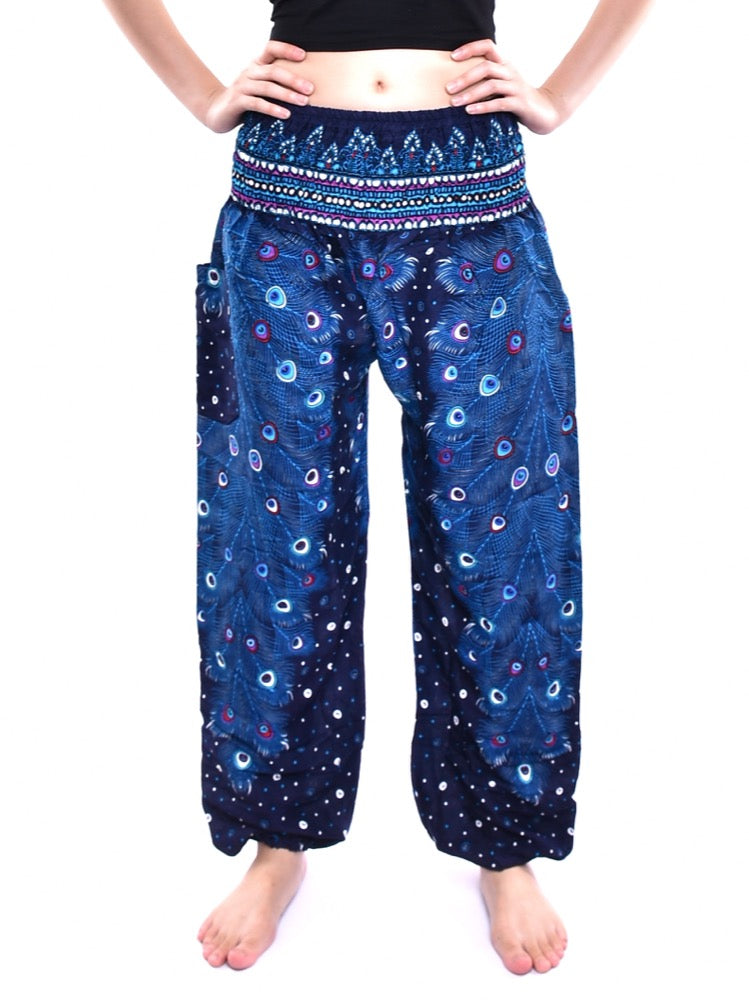 Bohotusk Blue Peacock Print Elasticated Smocked Waist Womens Harem Pants S/M to 3XL