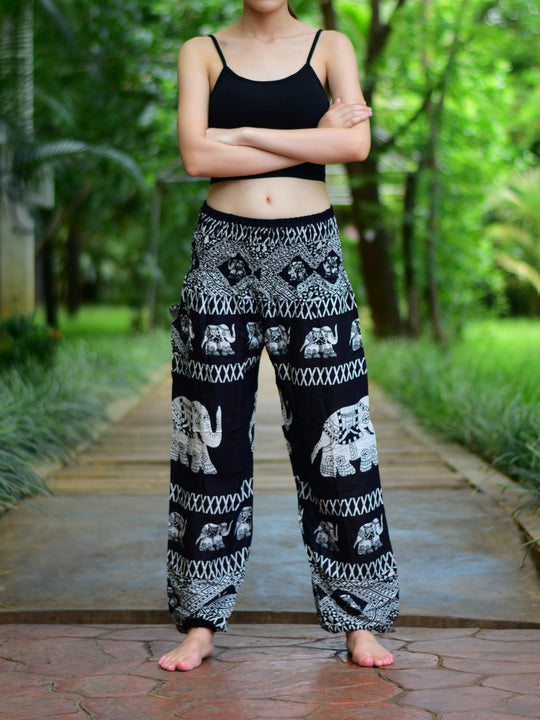 Bohotusk Black Elephant Bull Print Elasticated Smocked Waist Womens Harem Pants S/M to 3XL