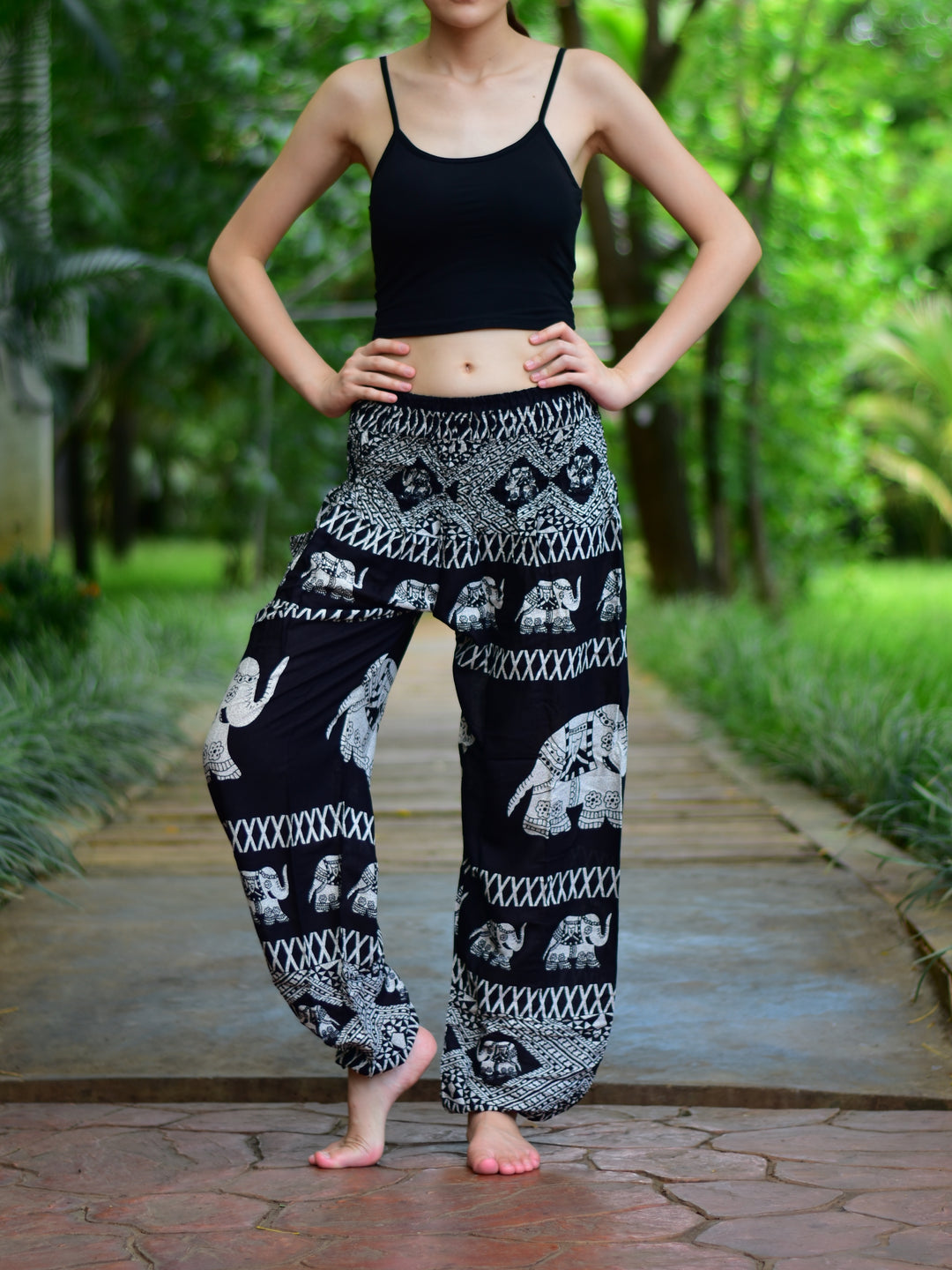 Bohotusk Black Elephant Bull Print Elasticated Smocked Waist Womens Harem Pants S/M to 3XL