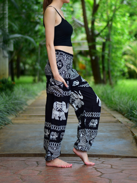 Bohotusk Black Elephant Bull Print Elasticated Smocked Waist Womens Harem Pants S/M to 3XL