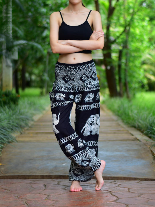 Bohotusk Black Elephant Bull Print Elasticated Smocked Waist Womens Harem Pants S/M to 3XL