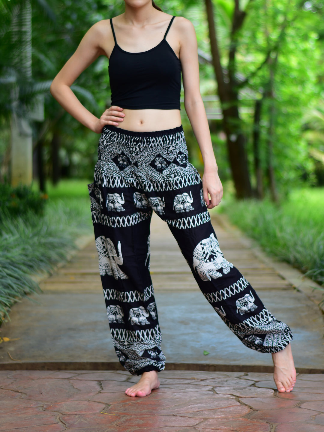 Bohotusk Black Elephant Bull Print Elasticated Smocked Waist Womens Harem Pants S/M to 3XL