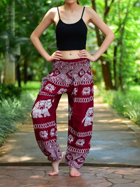 Bohotusk Red Elephant Bull Print Elasticated Smocked Waist Womens Harem Pants S/M to 3XL
