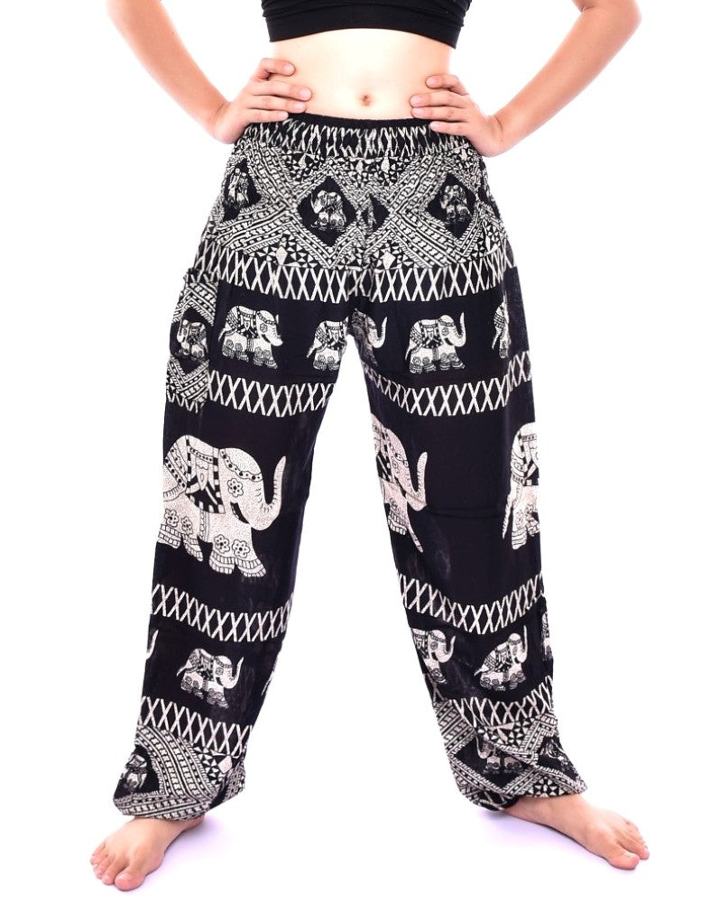 Bohotusk Black Elephant Bull Print Elasticated Smocked Waist Womens Harem Pants S/M to 3XL