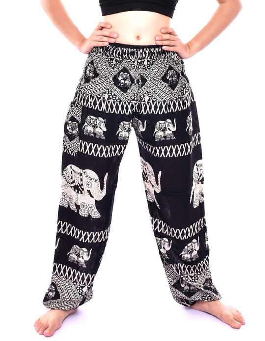 Bohotusk Black Elephant Bull Print Elasticated Smocked Waist Womens Harem Pants S/M to 3XL