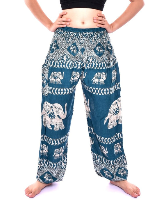 Bohotusk Teal Elephant Bull Print Elasticated Smocked Waist Womens Harem Pants S/M to 3XL
