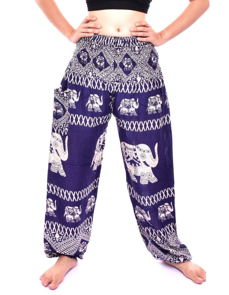 Bohotusk Navy Blue Elephant Bull Print Elasticated Smocked Waist Womens Harem Pants S/M to 3XL