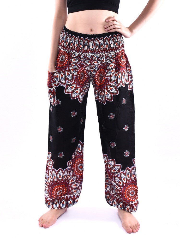 Bohotusk Black Thai Flower Print Elasticated Smocked Waist Womens Harem Pants S/M Only