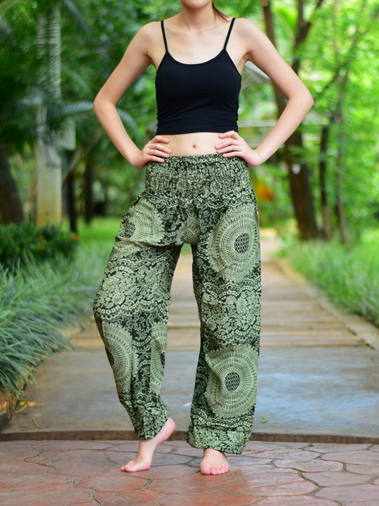 Bohotusk Olive Green Night Glow Print Elasticated Smocked Waist Womens Harem Pants S/M to 3XL