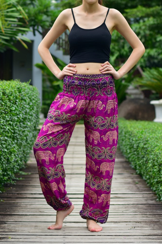 Bohotusk Pink Elephant Grassland Print Elasticated Smocked Waist Womens Harem Pants S/M to 4XL