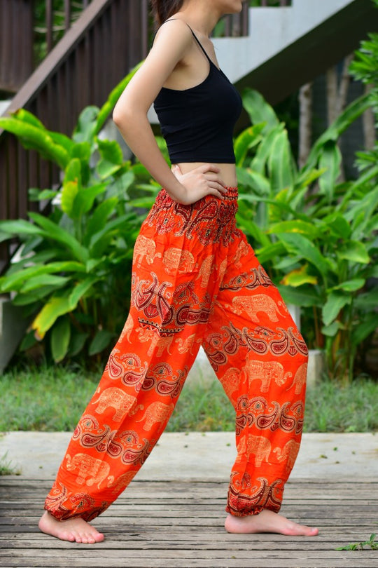 Bohotusk Orange Elephant Grassland Print Elasticated Smocked Waist Womens Harem Pants S/M to L/XL