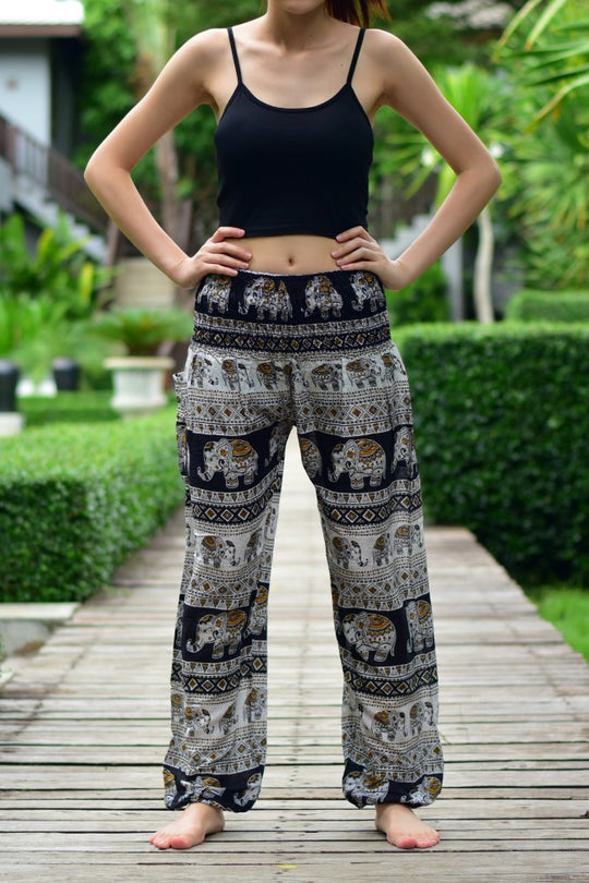 Bohotusk Black Elephant Savannah Print Elasticated Smocked Waist Womens Harem Pants S/M Only