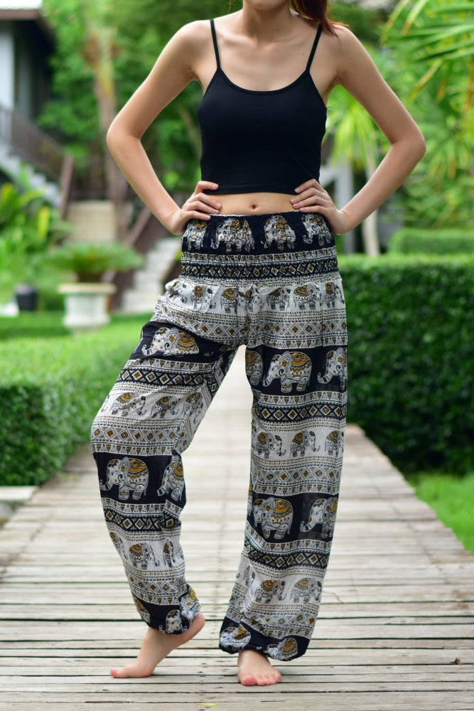 Bohotusk Black Elephant Savannah Print Elasticated Smocked Waist Womens Harem Pants S/M Only