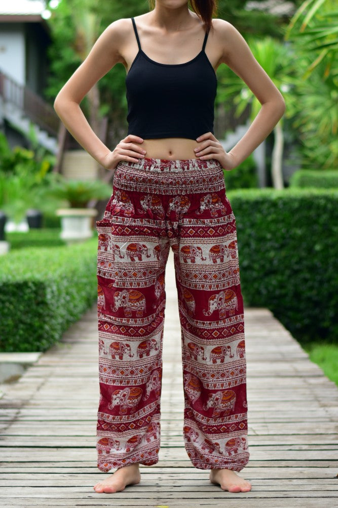 Bohotusk Red Elephant Savannah Print Elasticated Smocked Waist Womens Harem Pants S/M to LXL